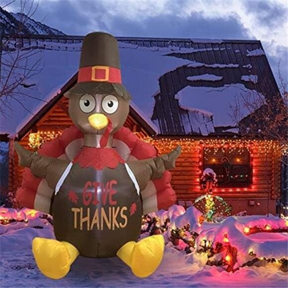6 FT Thanksgiving Inflatable Sitting Turkey, Blow up Lighted Turkey - Picture 5 of 7